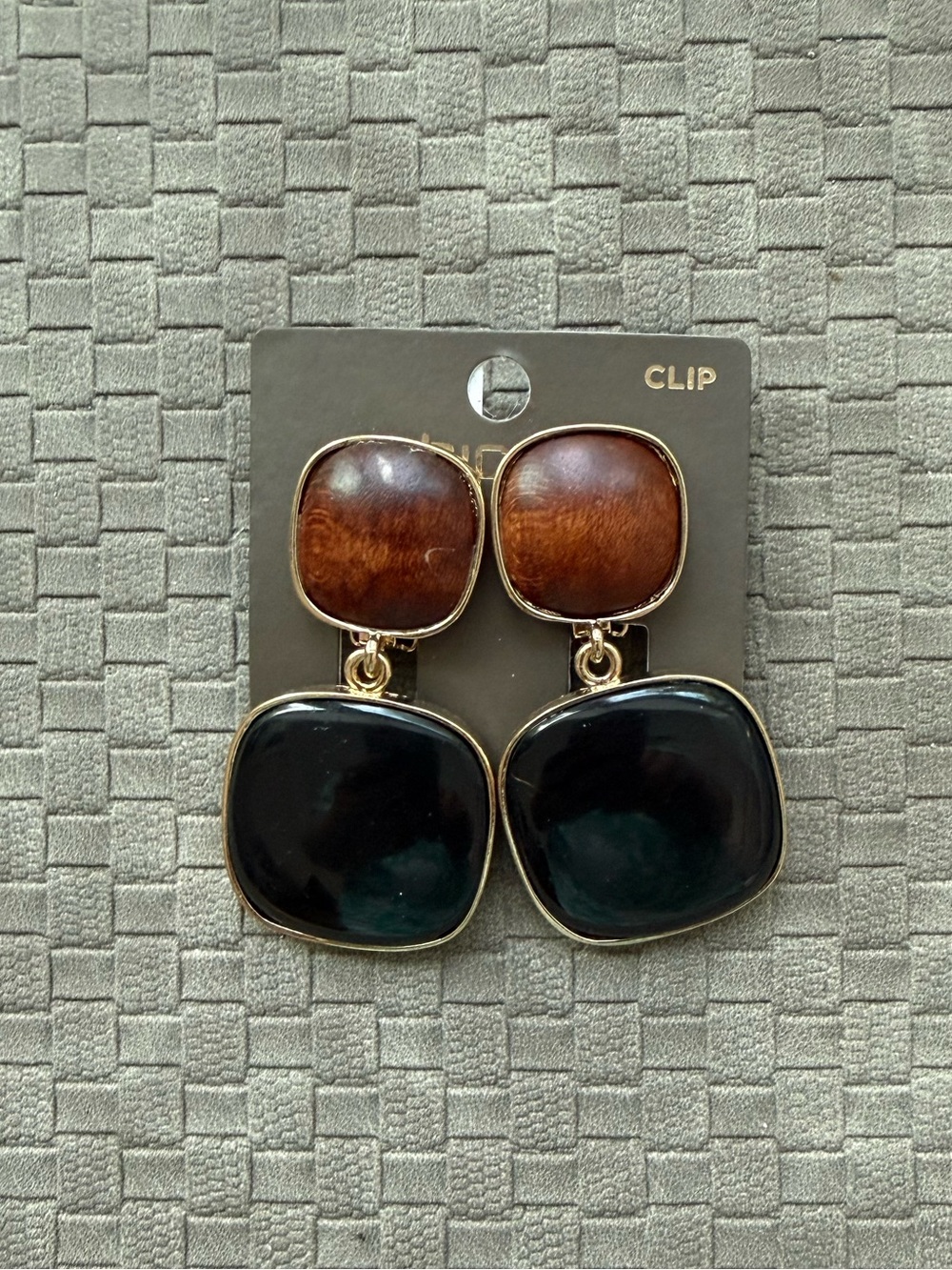 Chicos Gold-Tone Clip Drop Earrings with Brown and Dark Green Stones
